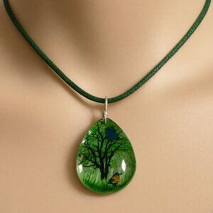 Elegant Resin Green Teardrop Tree Pendant Necklace Fashion Jewelry - Green Cord